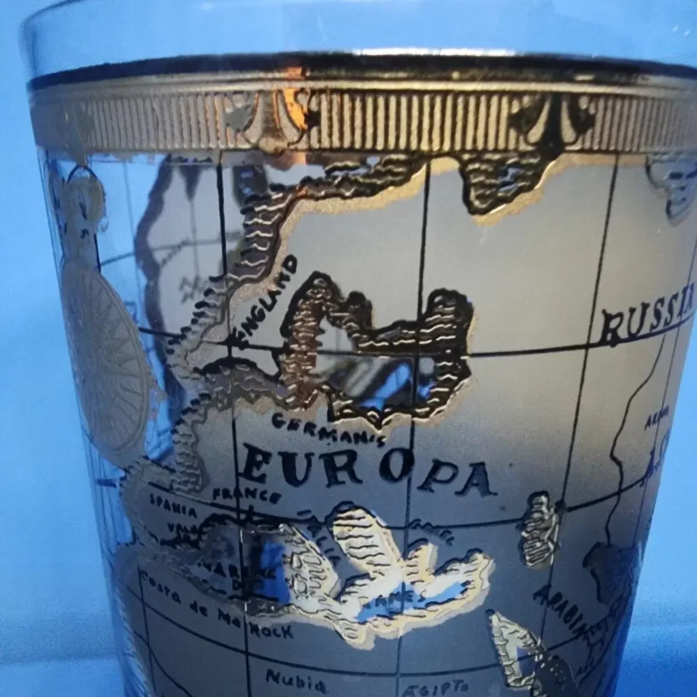 Vintage Cera Atlas Old World Map Highball Glasses 22K Gold Mid Century Modern